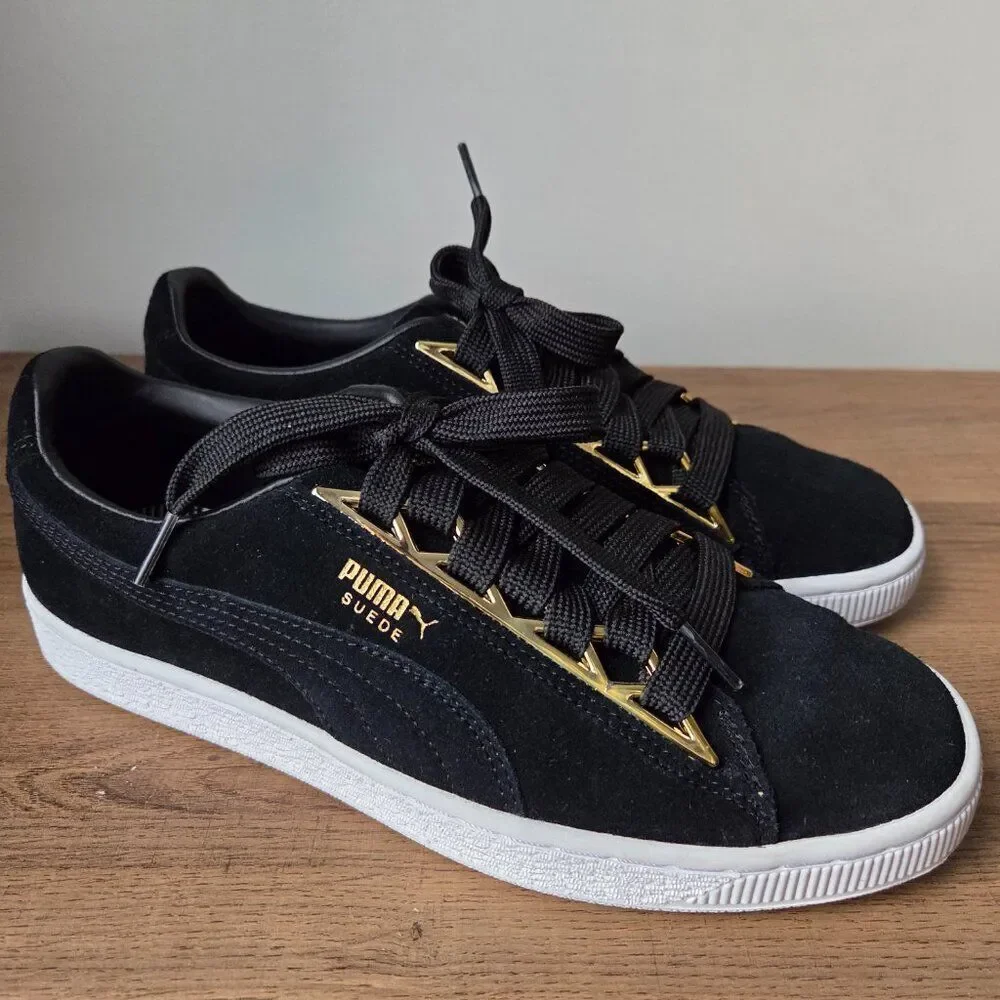 LIKE NEW PUMA 50TH ANNIVERSARY BLACK SUEDE /GOLD SNEAKERS SIZE 9 WOMENS